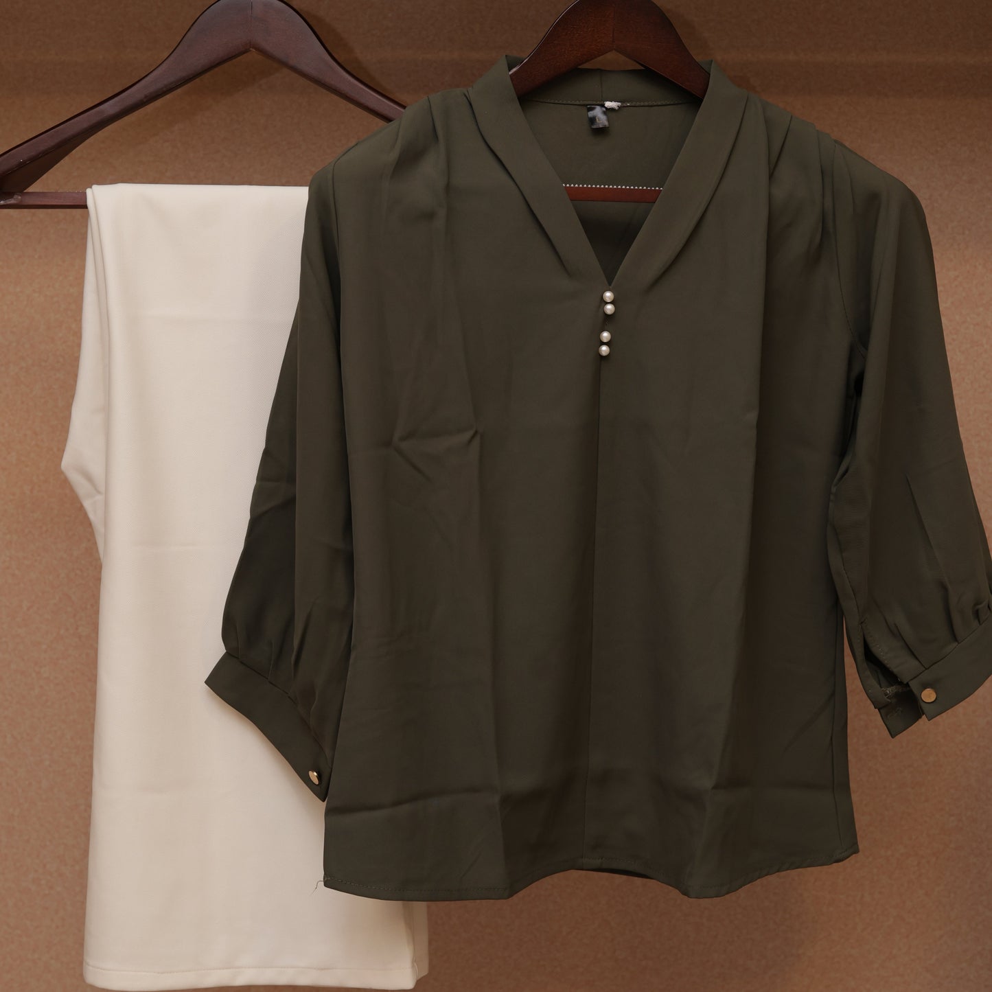Satin Olive V-Neck Top