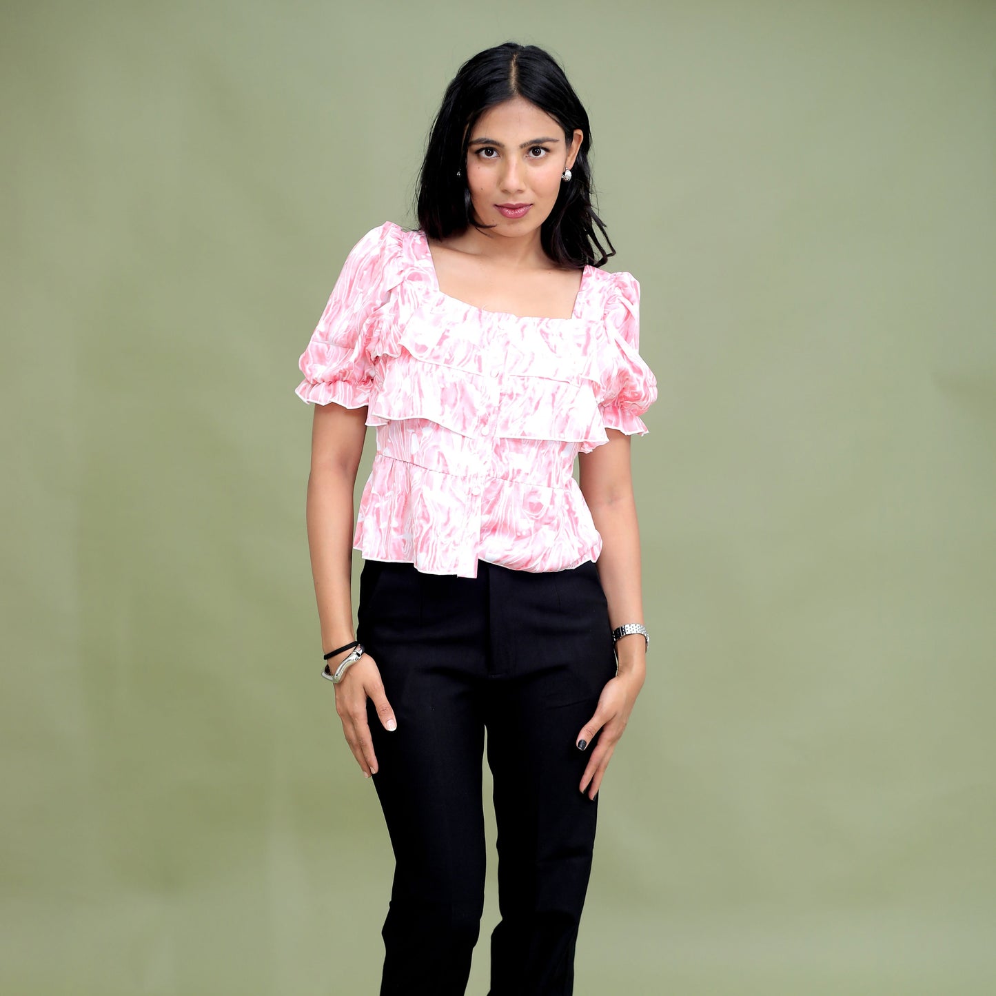 Ruffle Square-Neck Blush Top