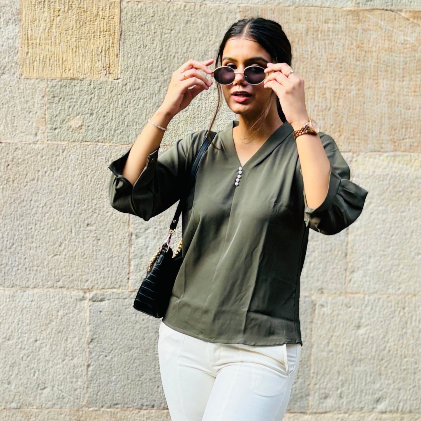 Satin Olive V-Neck Top