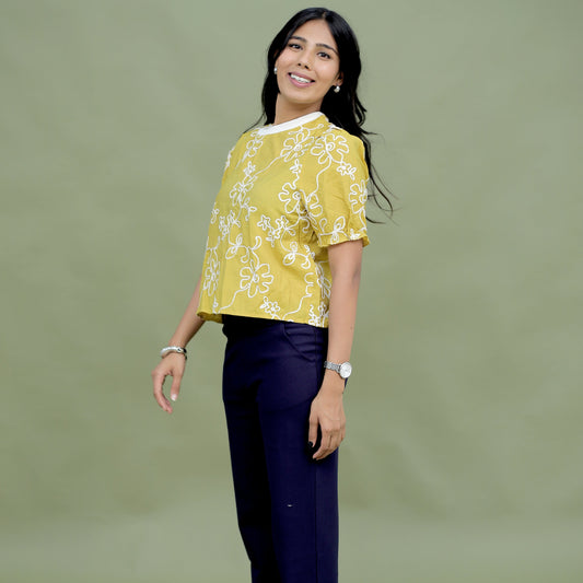 Mustard Yellow Floral Embroidered T-shirt